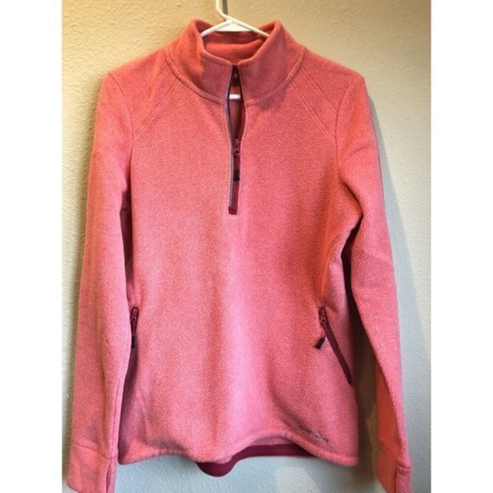 Eddie Bauer Womens Med 1/4 Zip Salmon Long Sleeve Pull Over Flannel Pocketed